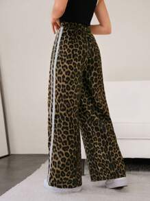 Mulvari Leopard Print Contrast Color Tape Patchwork Casual Leopard Print Pants
