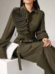 Heiryn 2pcs Women Solid Color 3D Floral Decor Long Sleeve Button Front Shirt & Pants Set 2 Pieces Set - Army Green - View 2