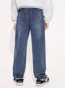 Tween Boys Aqua Blue Washed Denim Jeans,Summer Streetwear Back-To-School Pants,Comfortable Elastic Waist Casual School Trousers With Unique Design - Dark Wash - View 2