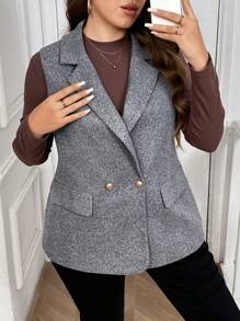 SHEIN LUNE 大码前扣无袖缺口领简约休闲假口袋背心大码秋装