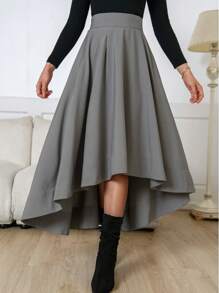 SHEIN Privé Váy chữ A ngắn phía trước dài phía sau cho nữ, đi làm công sở - Màu Xám nhạt - Xem 1