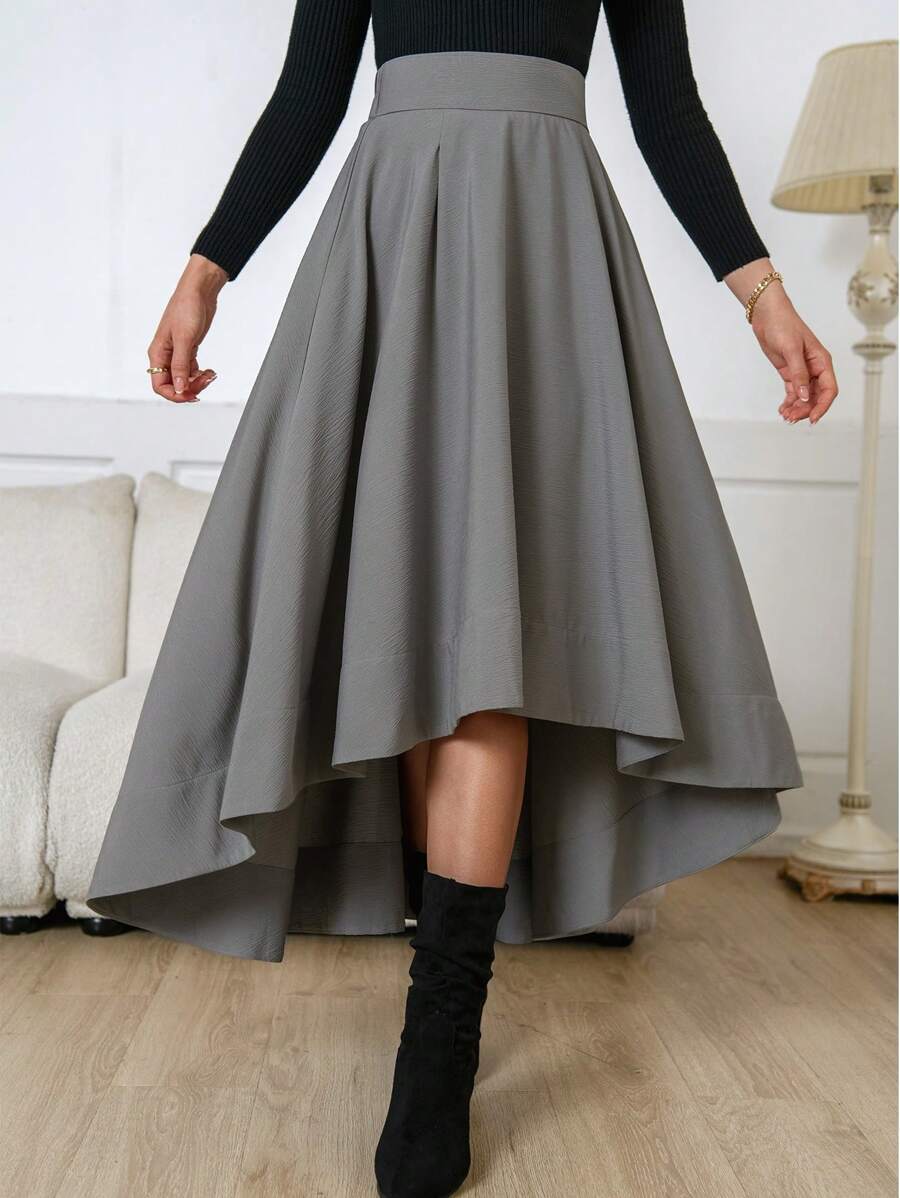 SHEIN Privé Váy chữ A ngắn phía trước dài phía sau cho nữ, đi làm công sở - Màu Xám nhạt - Xem 1