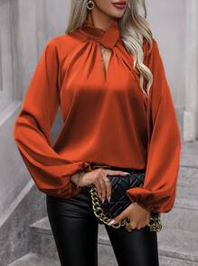 SHEIN Clasi Women Solid Color Long Sleeve Hollow Simple Casual Shirt Fall Cloth For Women - Burnt Orange - View 3