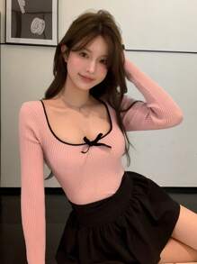 DAZY Women's Contrast Color Patchwork Bow Knitted Sweater, Suitable For Valentine's Day,Fall Clothes - Pink - View 7