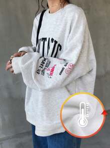 FRIFUL 女士宽松字母印花落肩卫衣，适合秋冬季节，长袖上衣，保暖内衬 - 灰色 - 查看 1