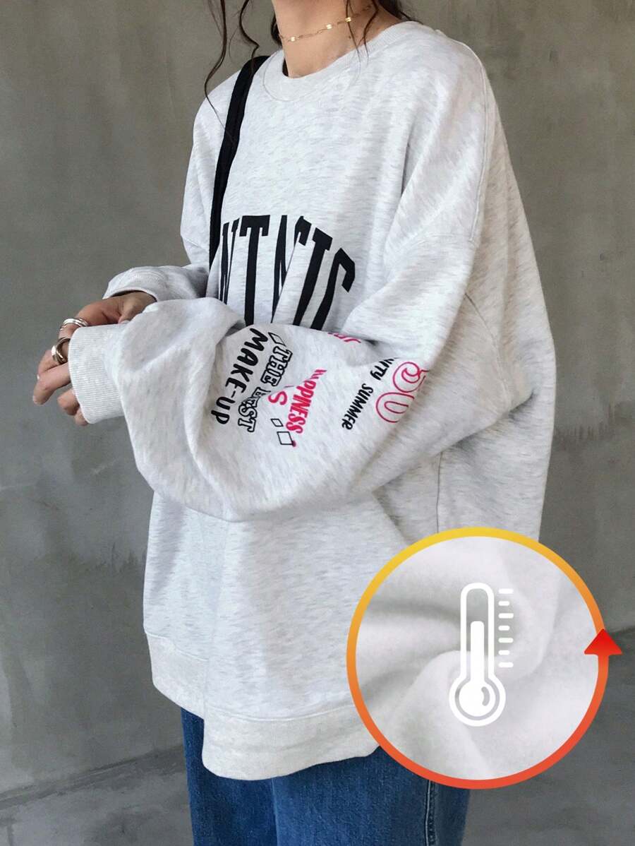 FRIFUL 女士宽松字母印花落肩卫衣，适合秋冬季节，长袖上衣，保暖内衬 - 灰色 - 查看 1