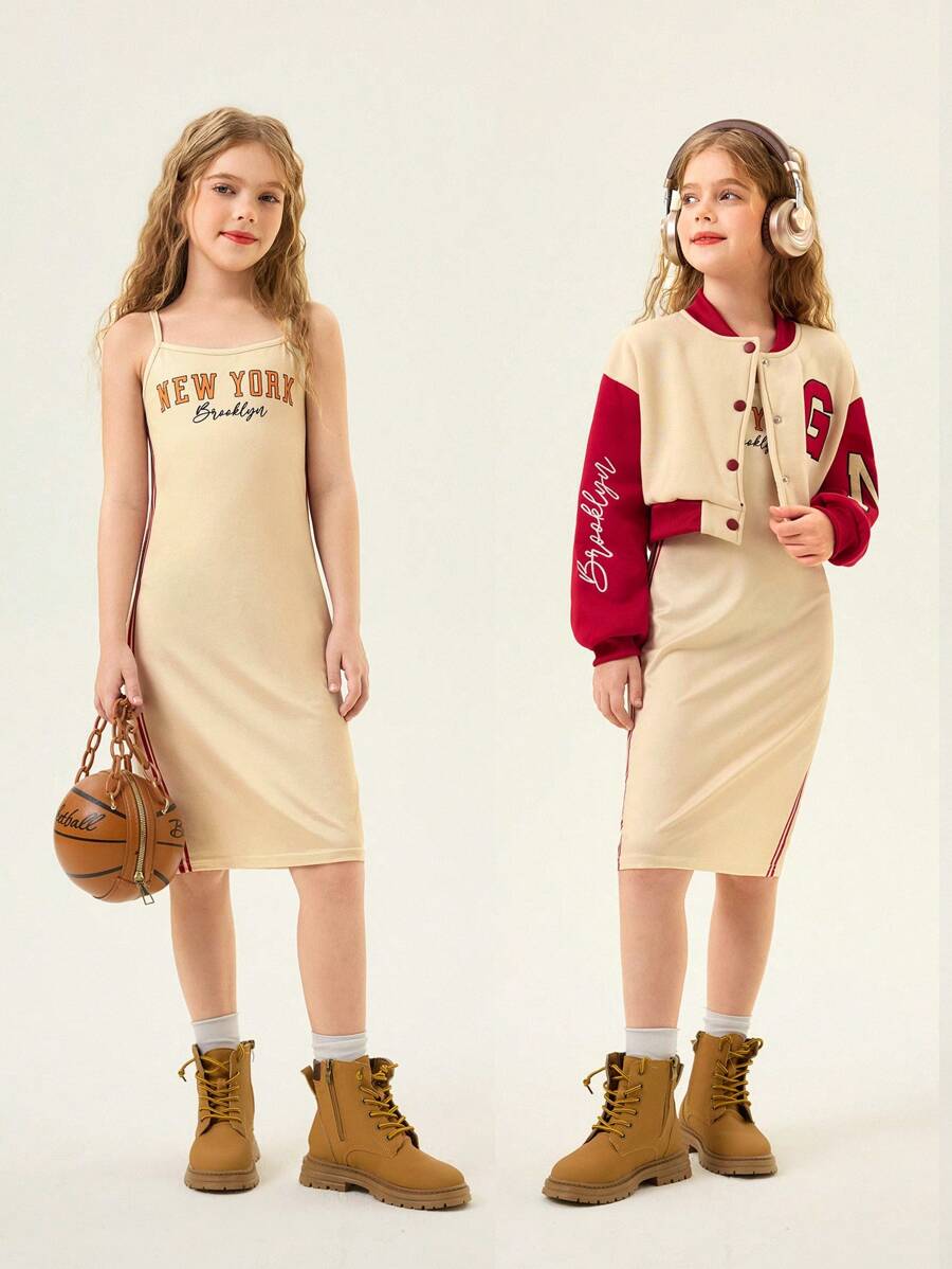 SHEIN Explorewe 2 件套女童运动条纹修身连衣裙和羊毛刺绣夹克套装 - 彩色 - 查看 1