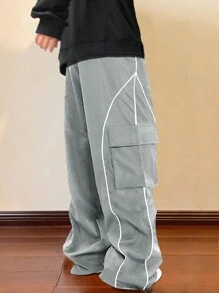 Manfinity Hypemode 男式宽松字母拼接细节撞色滚边翻盖口袋侧边工装裤 - 淺灰色 - 查看 2