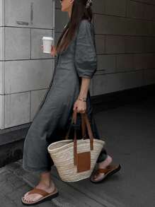 INAWLY 1 件女式纯色 V 领前纽扣休闲长裙，百搭风格 - 灰色 - 查看 3