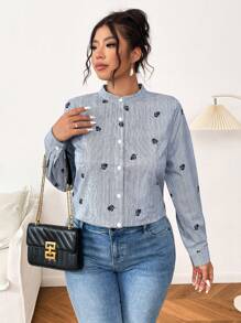 Flirla 大码条纹前扣长袖休闲上衣女式衬衫