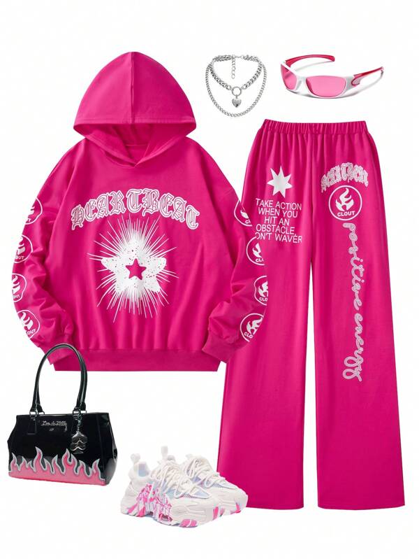 SHEIN Teen Girl 2pcs/Set Pink Hooded Printed Sweatshirt And Sweatpants Casual Dark Punk Outfit