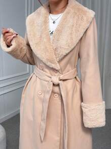 SHEIN EZwear Nuevo abrigo negro de otoño/invierno con cuello de piel y diseño cruzado doble, de largo hasta la rodilla