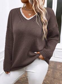 SHEIN LUNE 大码女式撞色蕾丝 V 领长袖套头衫，适合秋冬季 - 咖啡棕 - 查看 5