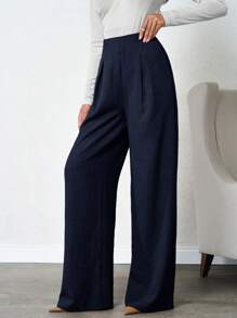SHEIN Tall 100%Cotton Tall Women's Linen Beige Wide Leg Pants - Navy Blue - View 5
