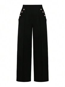 Femmeverse Plus Size Women Loose Wide Leg Casual Business Suit Pants With Button Design Graduation,Back To School,Teacher Outfits For Women Winter Fall Autumn - Black - View 8