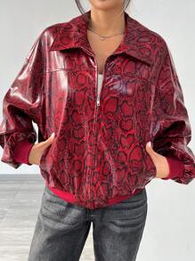 SHEIN EZwear Women's Autumn Snake Print Dropped Shoulder Long Sleeve Zipper Placket Fashion Jacket