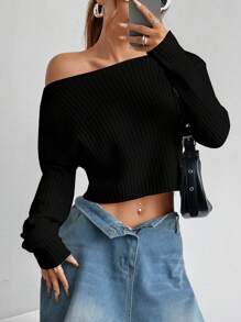 Flirla 女士纯色不对称领针织毛衣，休闲日常穿着，秋冬针织套头衫 - 黑色 - 查看 1