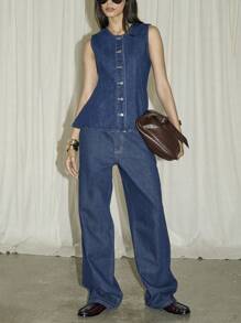 AiiRZ Buttoned Sleeveless Round Neck Peplum Denim Top - Blue - View 4