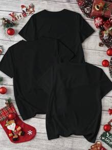 INAWLY Summer Christmas Santa Claus, Reindeer & Snowman Print 3pcs/Set Casual Round Neck Short Sleeve T-Shirt For Women - Black - View 2