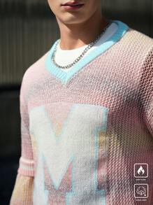 Manfinity Hypemode Men's V-Neck Letter Print Long Sleeve Casual Knit Sweater, Autumn/Winter