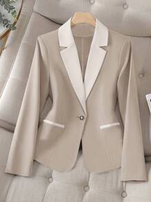 Women's Elegant Patchwork Lapel Long Sleeve Blazer Jacket, Suitable For Spring And Autumn