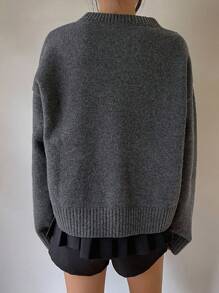 DAZY 1 件女士简约纯色宽松 V 领长袖毛衣，适合秋冬季，秋季女装 - 灰色 - 查看 2