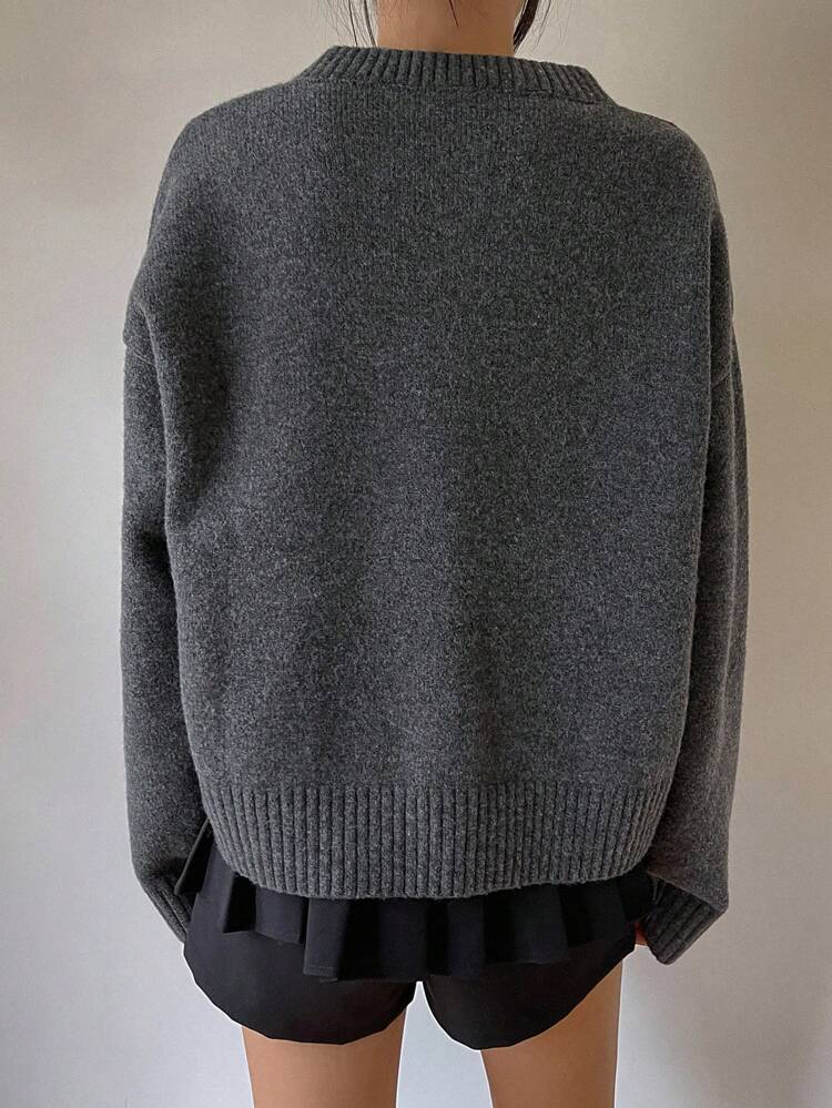 1pc Women's Minimalist Solid Color Loose V-Neck Long Sleeve Sweater, For Autumn And Winter,Fall Women Clothes