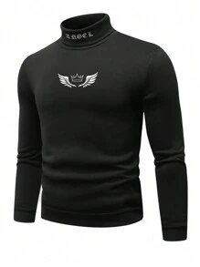 Manfinity Homme 大码男式皇冠图案高领长袖休闲套头连帽衫，秋季 - 黑色 - 查看 2