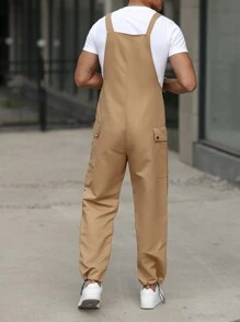 Manfinity Homme Men's Solid Color Utility Pocket Overalls With Suspenders - Khaki - View 2