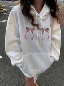 DAZY 女士宽松休闲刺绣蝴蝶结连帽抓绒卫衣，长袖上衣，秋季服装，冬季连帽衫 - 白色 - 查看 3