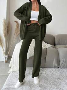 EURMUSE Bộ 2 áo len cardigan hở vai đơn giản màu trơn đơn giản cho nữ, cài nút phía trước và quần len rút eo - xanh quân đội - Xem 4