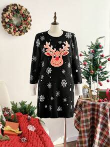 SHEIN Frenchy Plus Size Deer & Snowflake Pattern Christmas Sweater Dress, Casual For Autumn Fall/Winter - Multicolor - View 2