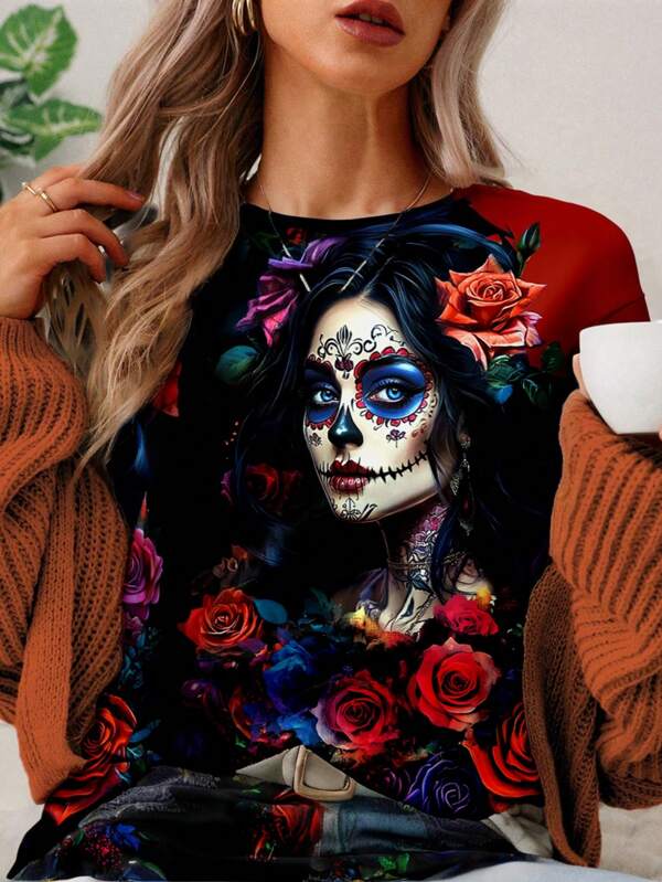 EMERY ROSE Casual Minimalist Skull & Flower 3D Print Round Neck Long Sleeve T-Shirt For Plus Size, Suitable For Autumn/Winter, For Summer