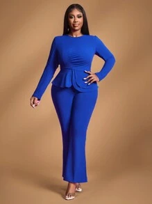 Slaydiva 优雅时尚大码女式两件套，长袖上衣和长裤套装 - 藍色 - 查看 4