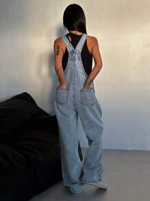 DAZY Women's Solid Color Front Pocket Thick Strap Sleeveless Denim Jumpsuit Overalls - Blue - View 5