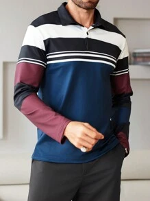 Manfinity Homme 秋季男士休闲撞色条纹 Polo 衫 - 彩色 - 查看 4
