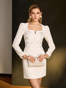 MOTF PREMIUM CONTRAST SEQUIN FLORAL PATTERN NOTCH NECK PUFF SLEEVE SHORT DRESS