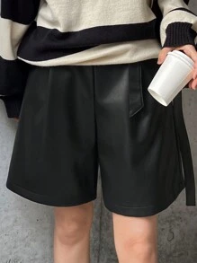 FRIFUL Women's Fashion PU Leather Pleated Loose Shorts