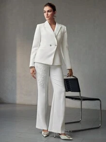 MOTF PREMIUM FAUX PEARL EMBROIDERY MESH APPLIQUE DETAIL PEAK COLLAR BLAZER