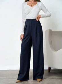 SHEIN Tall 100%Cotton Tall Women's Linen Beige Wide Leg Pants - Navy Blue - View 6