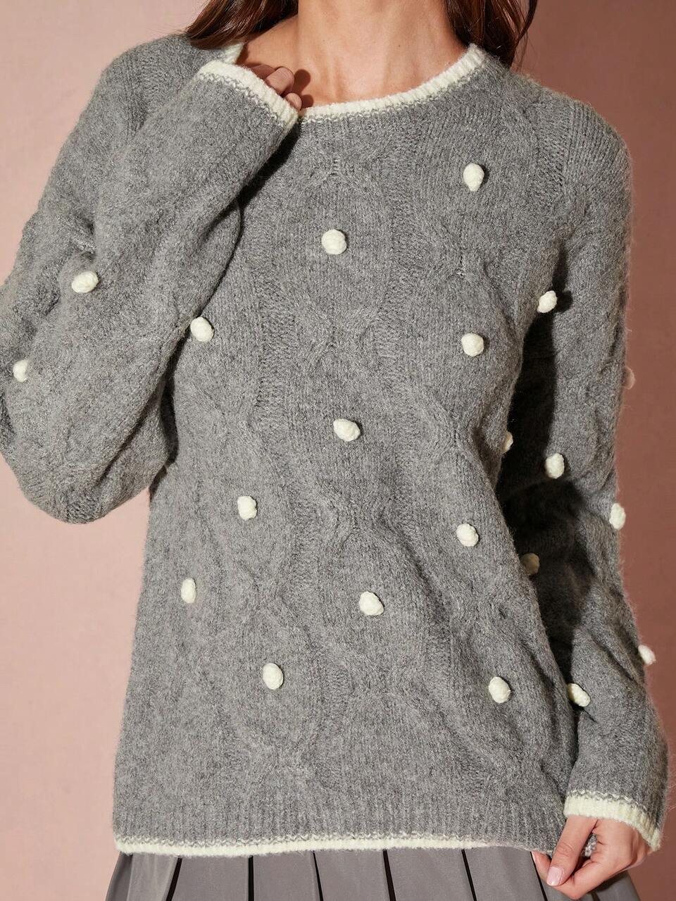 Women's Cute White Polka Dot Pom Pom Round Neck Long-Sleeved Sweater,Thick Warm Jacquard Autumn Winter Christmas Thanksgiving Back-To-School Sweater