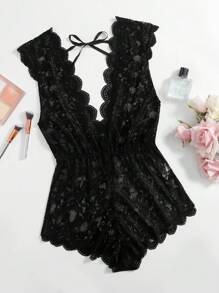 SHEIN Plus Floral Lace Scallop Trim Romper Bodysuit - Black - View 6