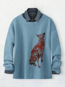 SHEIN LUNE Suéter holgado de punto con estampado de zorro, talla grande, informal para otoño/invierno - Neblina azul - Ver 1