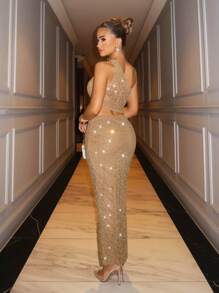 SHEIN BAE Elegant Women's Sparkling Lace Asymmetric Shoulder Suit, Suitable For Daily, Dates, Outings, Nightclubs, Parties, And Gatherings. Y2K Sparkling Christmas Women Clothes, Christmas Women Clothes, Party Women Dresses, New Year Eve Dress, Christmas Women Dress, Christmas Dress, Thanksgiving Dress, New Years Dress, Semi-Formal Dress - Khaki - View 2