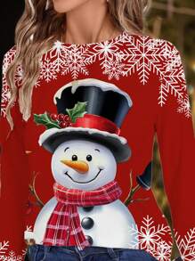 SHEIN LUNE Christmas Snow Flake & Snowman Graphic Casual Minimalist Pattern Loose Crew Neck Long Sleeve Sweatshirt, Suitable For Christmas, Spring Autumn For Women - White - View 4