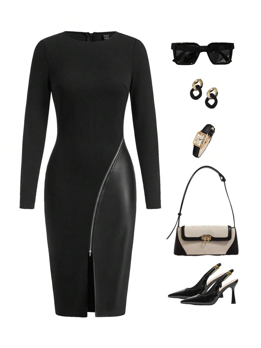 Ellevyn 优雅女士黑色长袖拼接 PU 皮革冬季拉链开衩紧身连衣裙 - 黑色 - 查看 1