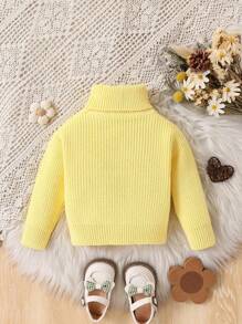 SHEIN Vintaside Kids 女婴休闲日常纯色高领毛衣，秋冬 - 黃色 - 查看 2