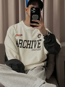 DAZY Men's Letter Print Beige Pullover Sweatshirt, Autumn - Beige - View 8