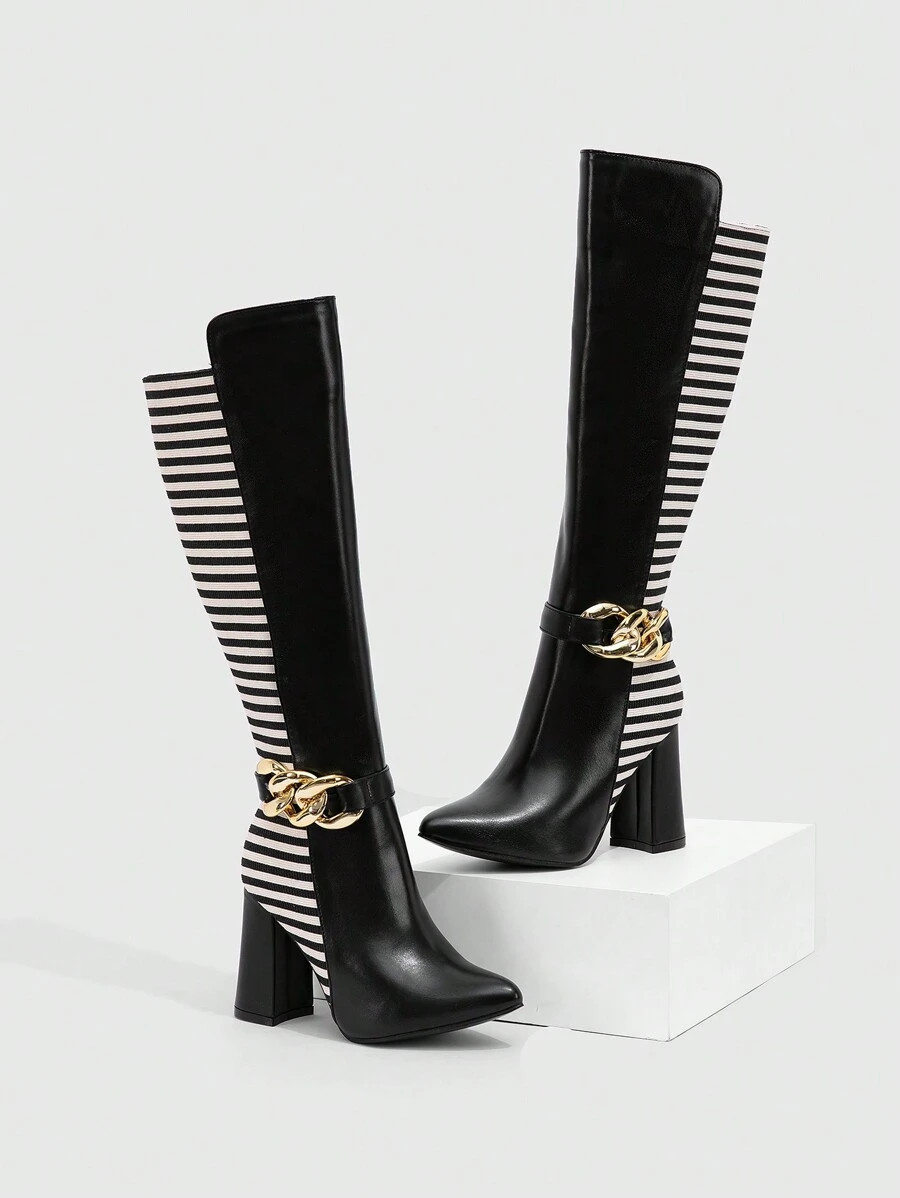 CUCCOO SZL 1 Pair Women's New Pointy Toe Block Heel Splice Striped Black Side Zipper High Boots, Autumn/Winter New Year Holiday - Black - View 1