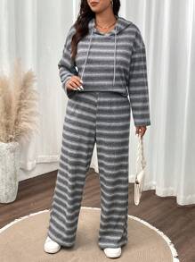 SHEIN LUNE 2pcs/Set Plus Size Striped Casual Hoodie Sweatshirt And Pants Outfit